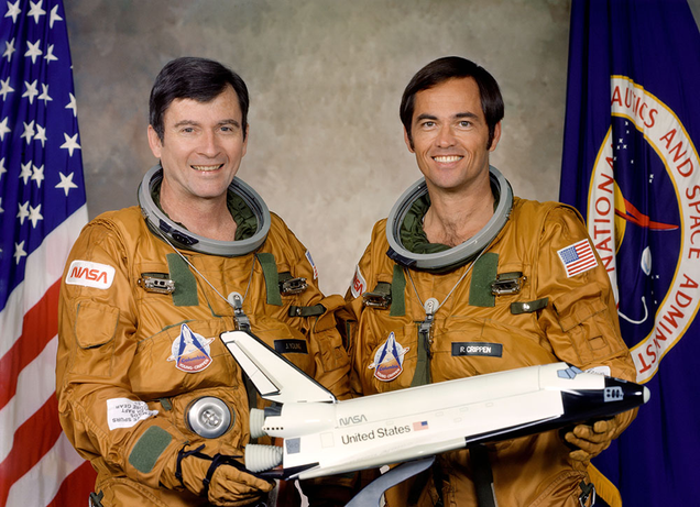 Young, left, with Shuttle Pilot Robert Crippen, the crew of STS-1, the first Space Shuttle mission in 1981 (NASA)